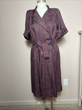 Vintage Paisley print silky purple double breasted shirt Dress size M